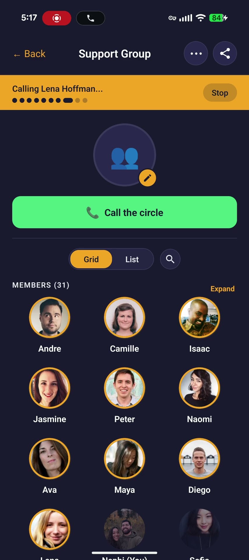 A circle screen mid-call, dialing one member at a time