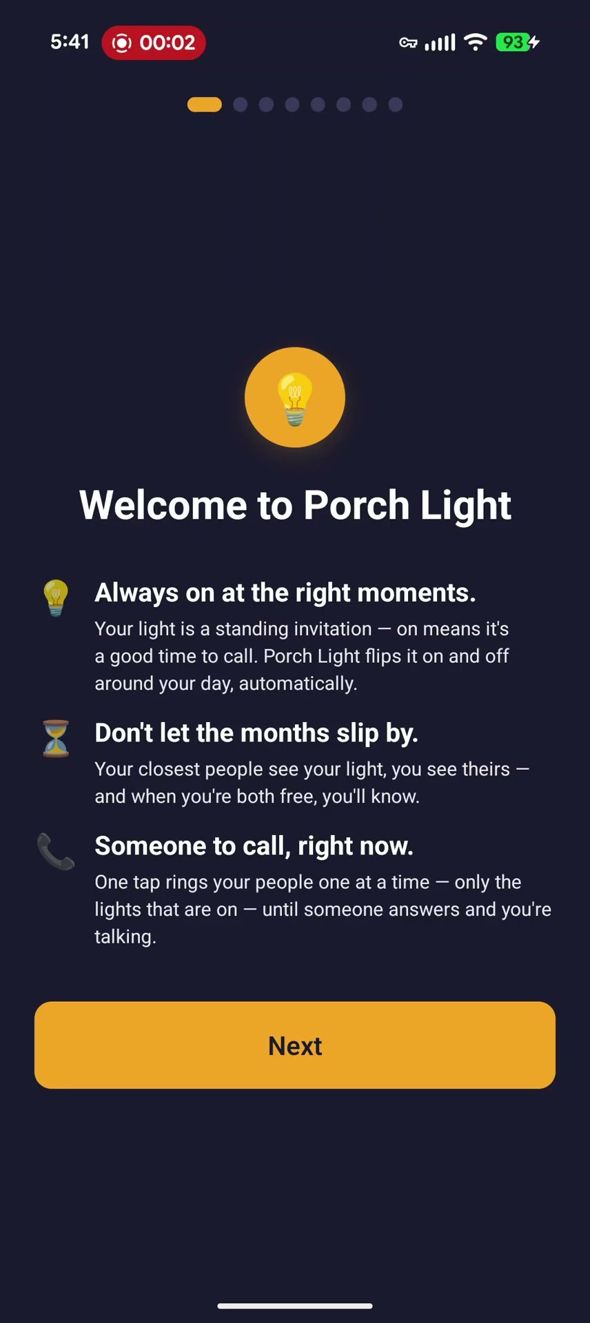 Porch Light's welcome screen