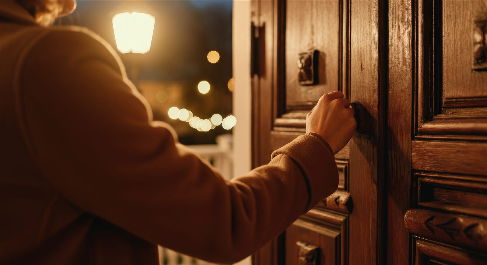 A hand knocking on a warm wooden door beneath a glowing porch lantern at dusk