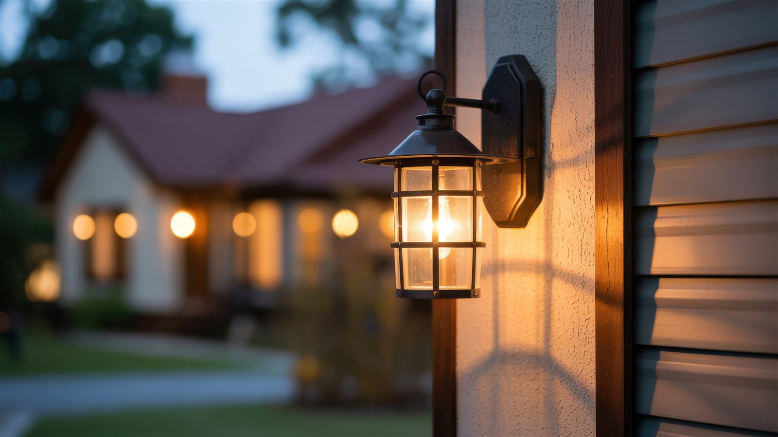 A warm porch lantern glowing at dusk, with lit windows down the street